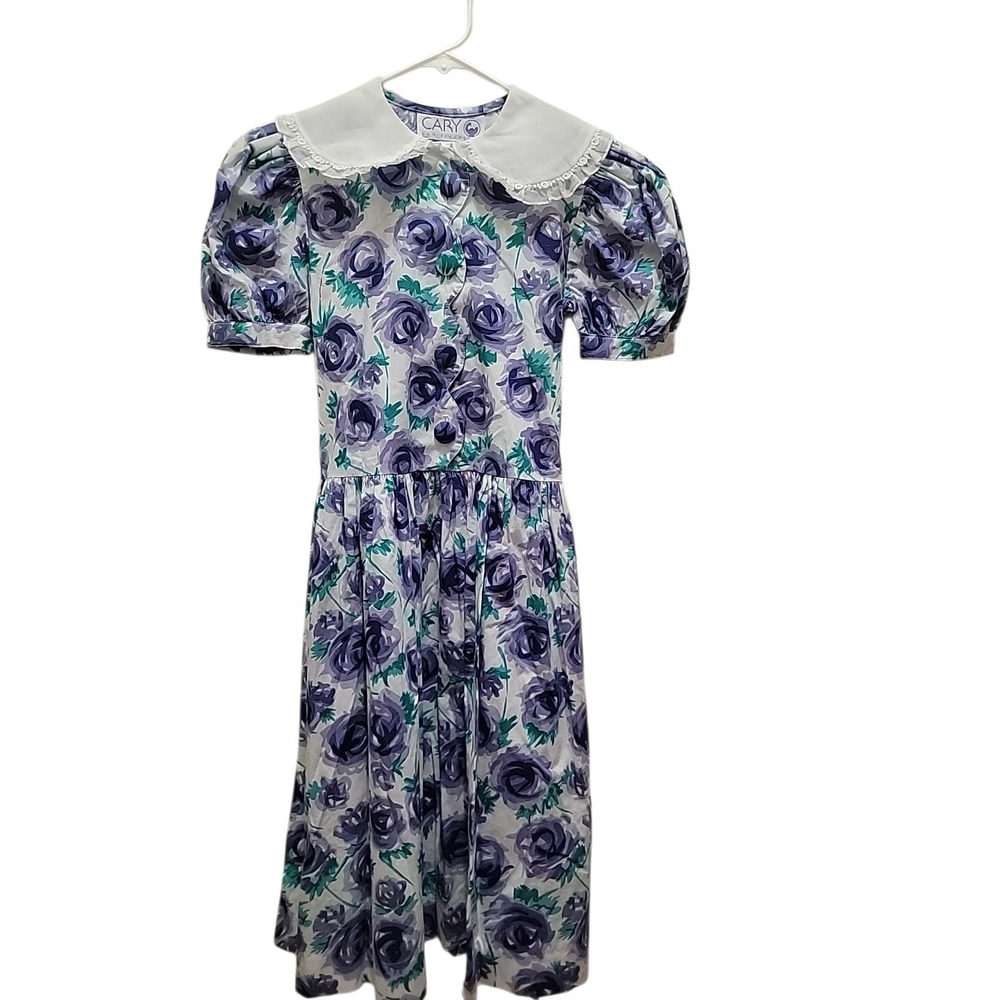 Vtg  Cary San Francisco Girl's Sz 8 Purple Roses Dress Cottagecore Garden Party